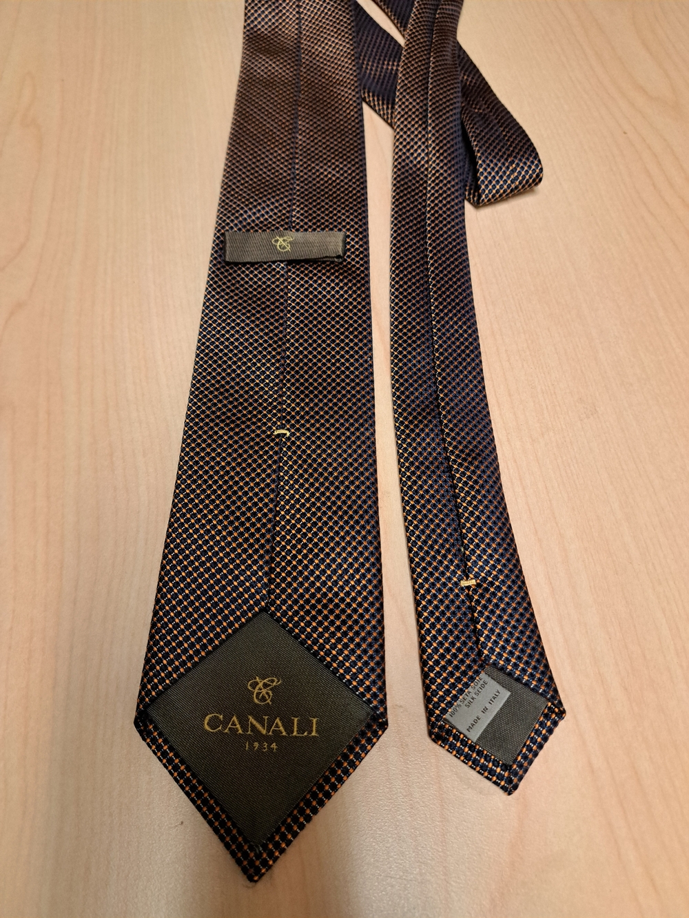 Canali Navy and Orang Micro-Check Silk Tie